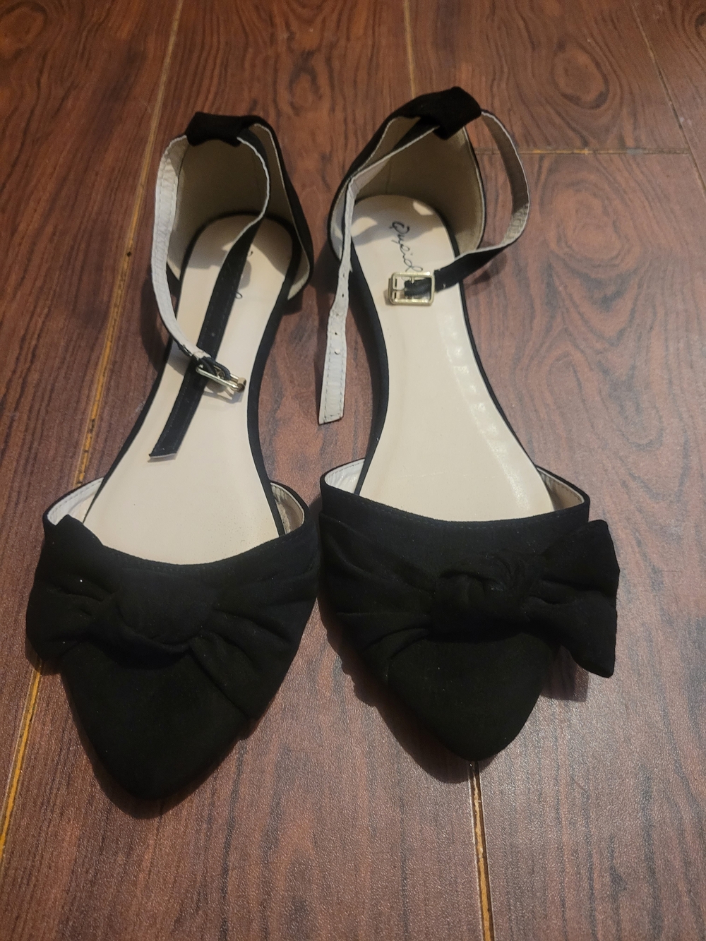 Black Pointed Bow Ankle-Strap Flats